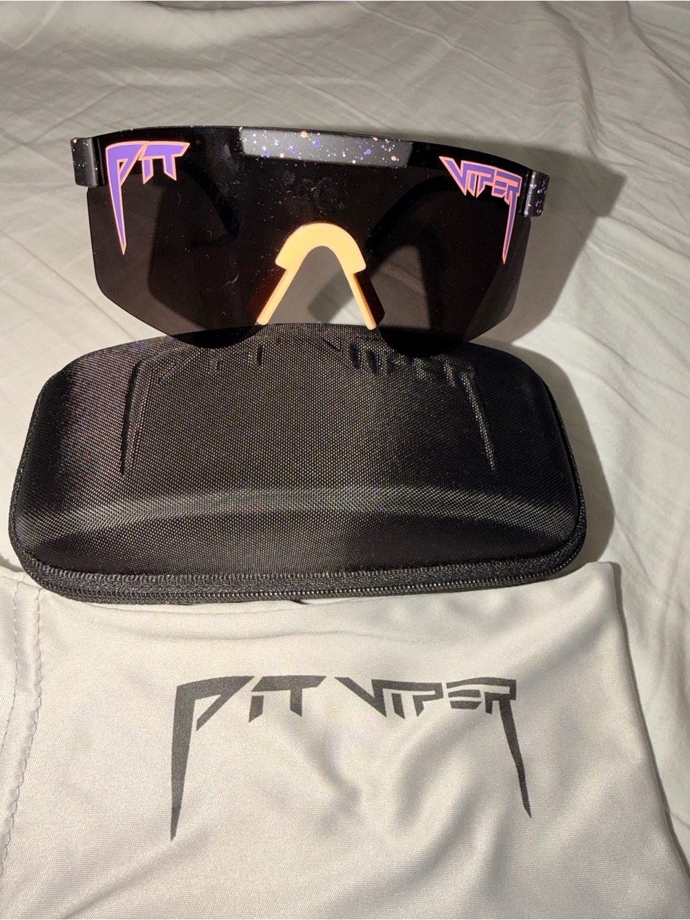 Pit Viper Black Shield Sunglasses with Orange Nosepiece and Pink Accents